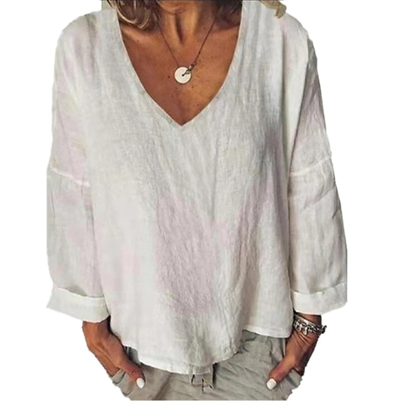 Women's Cotton Linen Solid Color Long-sleeved T-shirt Blouses