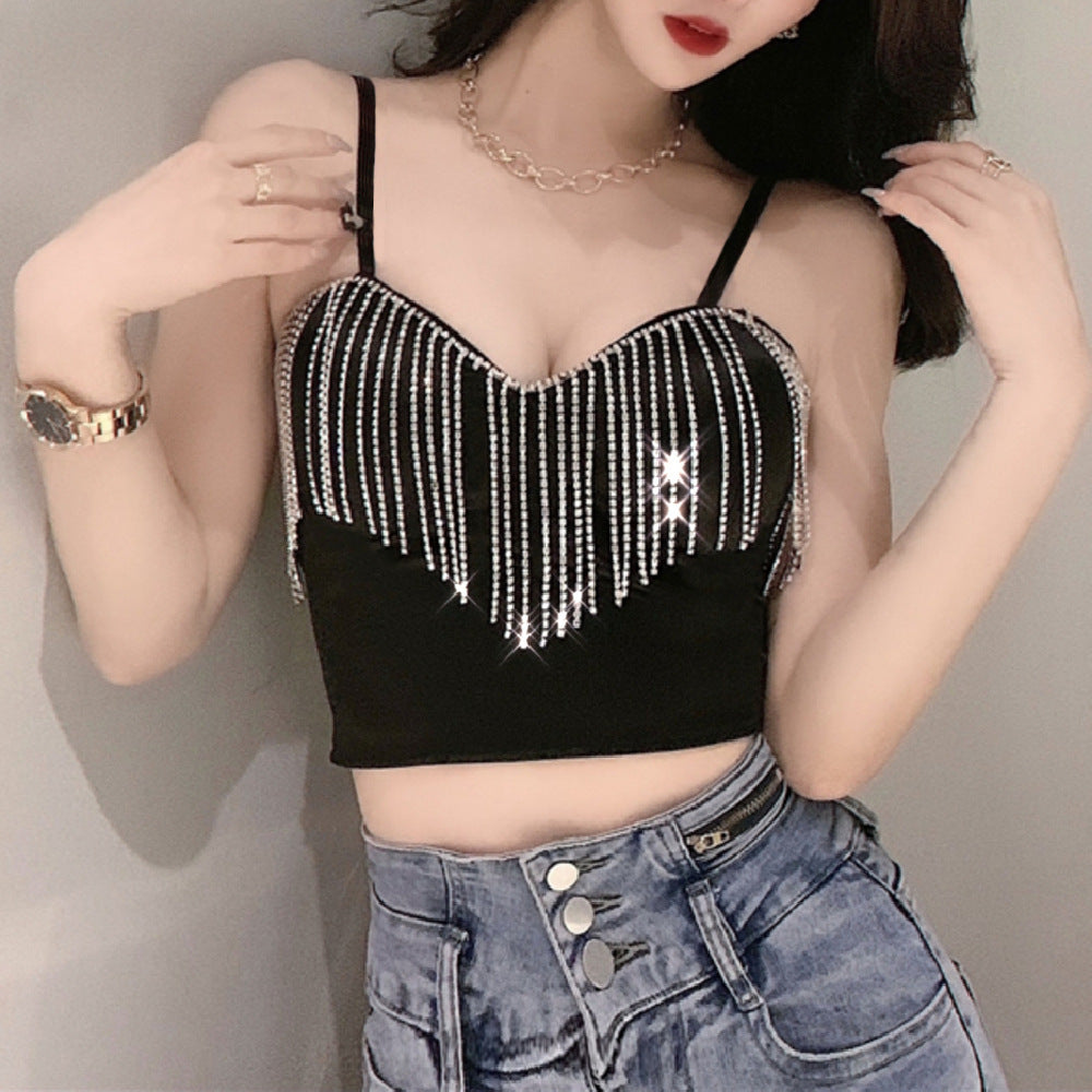 Women's Solid Color Stitching Tassel Wrapped Chest Midriff-baring Camisole Sling Tops