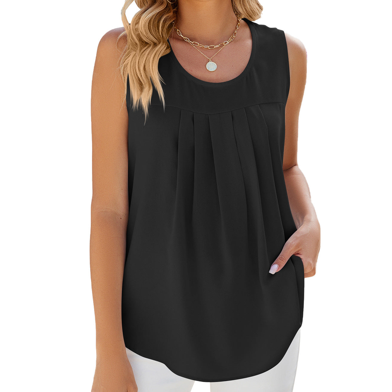 Women's Solid Color Round Neck Pleated Sleeveless Vests