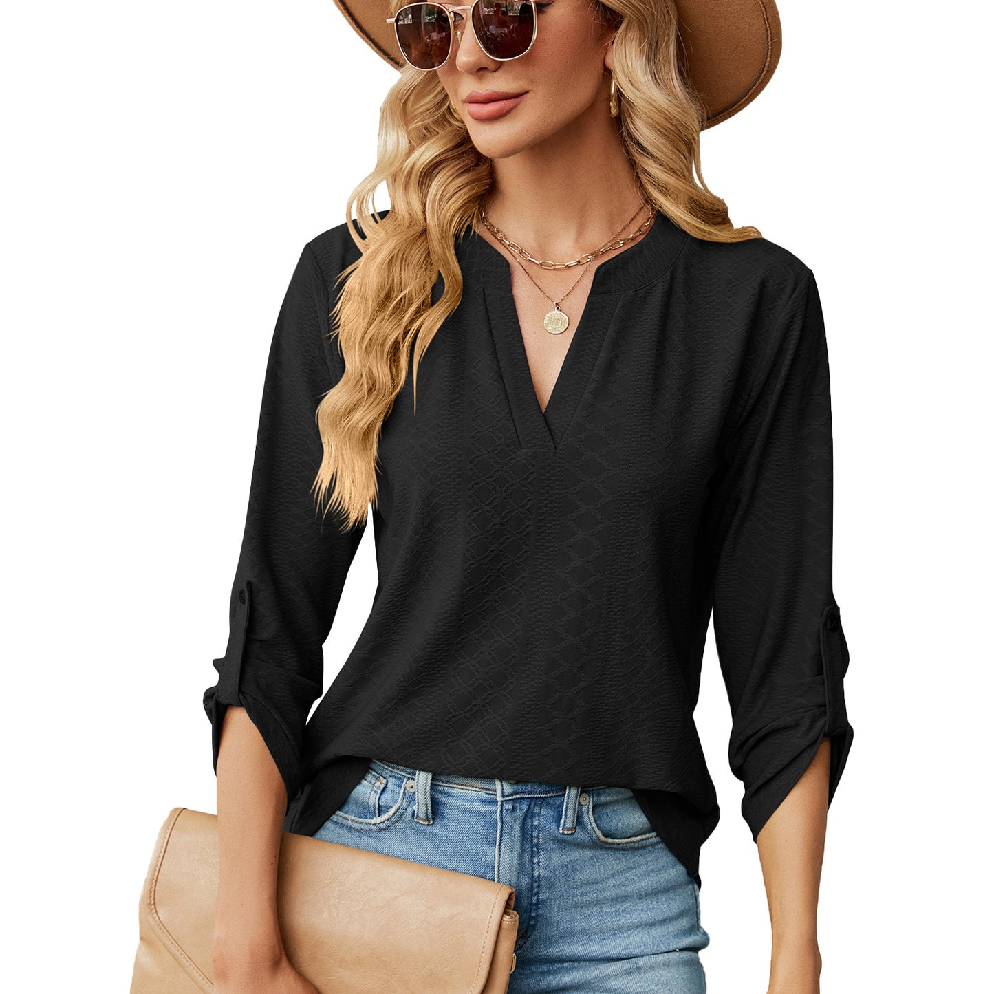 Women's Color And Three-quarter Sleeve Button Loose-fitting Blouses