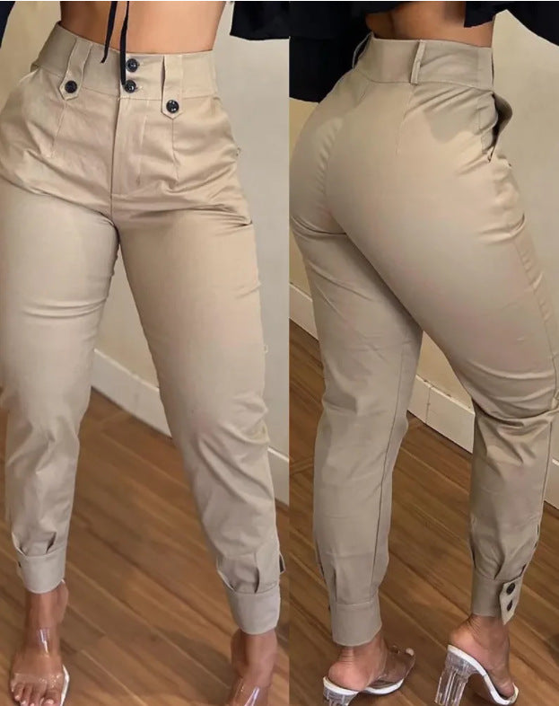 Women's Waist Button Pocket Design Ankle Banded Pants