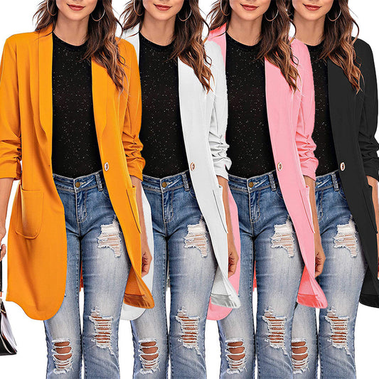 Women's Three-quarter Sleeve Mid-length Pocket Solid Color Blazers