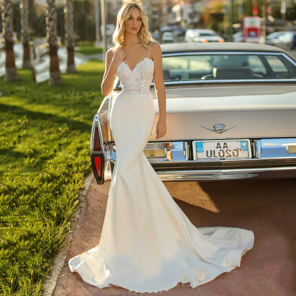 Robes de mariée coréennes blanches simples en queue de poisson pour femmes