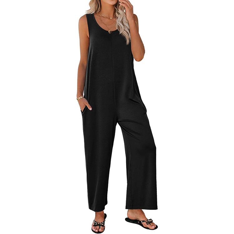 Women's Sling Loose Straight Solid Color Wide Jumpsuits