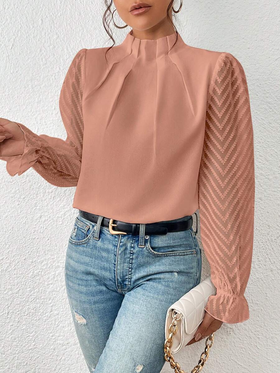 Women's Beautiful Stitching Wavy Chiffon Long-sleeved Tops