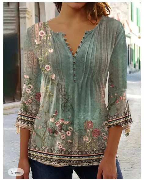 Women's Wear Floral Printed V-neck Sleeve Pleated Blouses