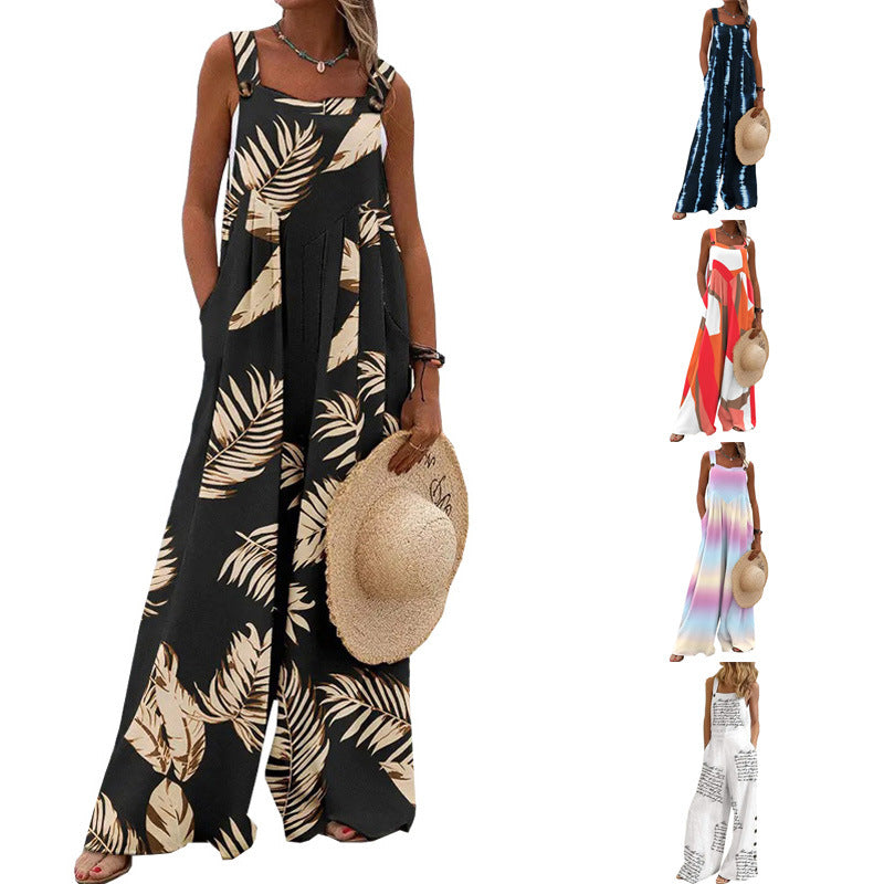 Women's Summer Printed Sleeveless Loose Casual Sling Wide Jumpsuits