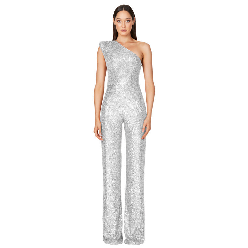 Attractive Women's Summer Sleeveless One-shoulder Sequined Jumpsuits