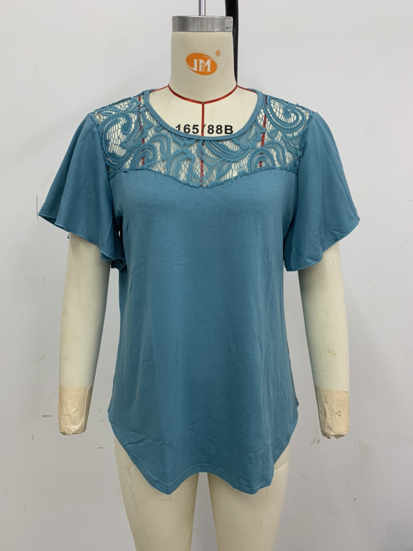 Women's T-shirt Pure Color Mesh Patchwork Ruffled Blouses