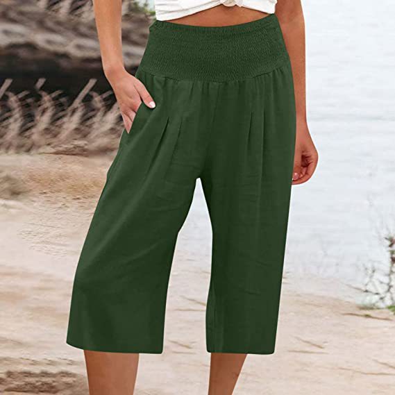 Women's Linen Cropped Waist Smocking Thin Pocket Pants