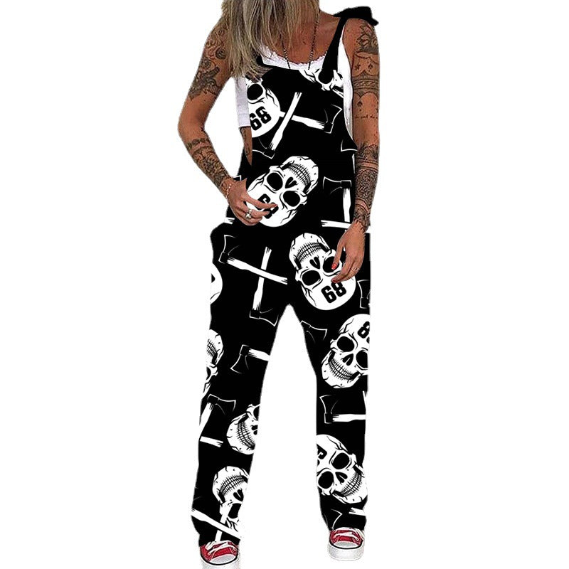 Women's Suspender Trousers Lace-up Skull Print Jumpsuits