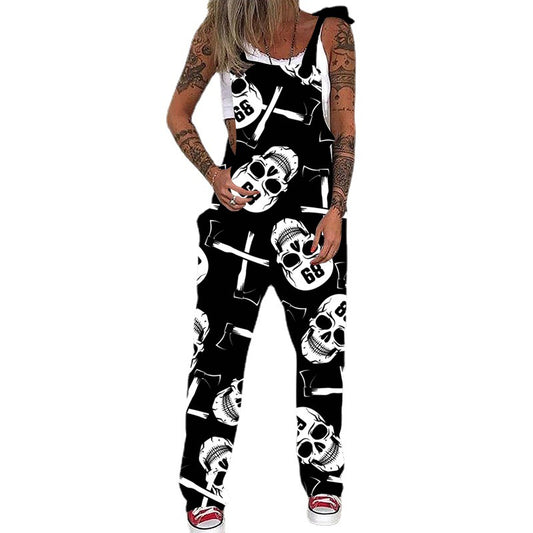 Damen Hosenträgerhose mit Schnürung und Totenkopf-Print