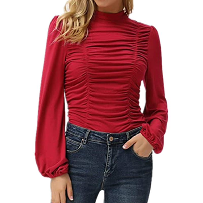 Women's Color Long Lantern Sleeve Turtleneck Pleated Slim Blouses