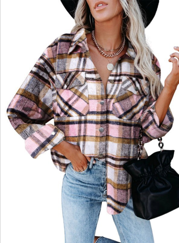 Women's Woolen Shirt Long Sleeve Plaid Blouses