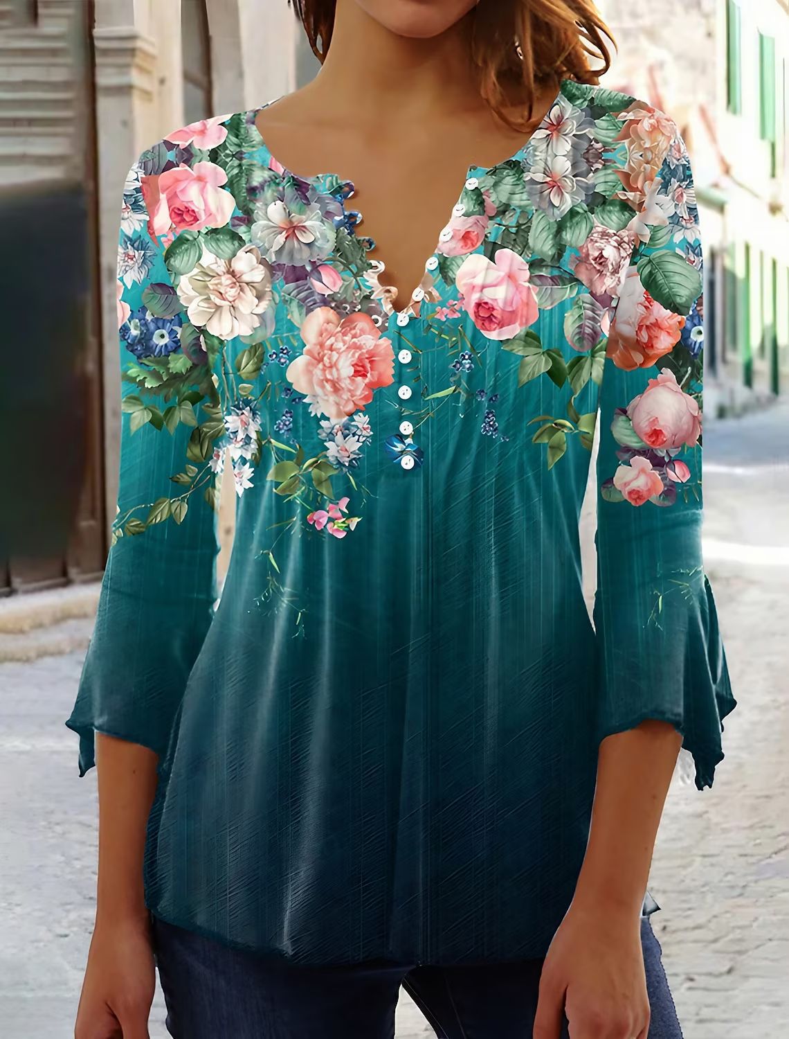 T-shirt à manches imprimées et boutons plissés pour femmes, chemisiers à bascule