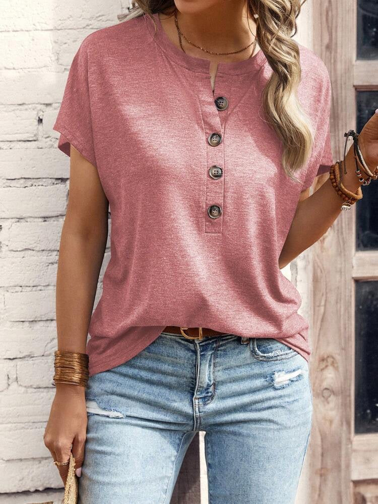 Women's Solid Color Button Casual Short-sleeved T-shirt Blouses