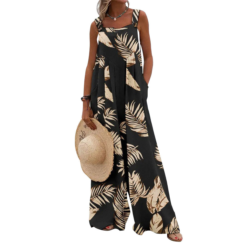 Women's Summer Printed Sleeveless Loose Casual Sling Wide Jumpsuits