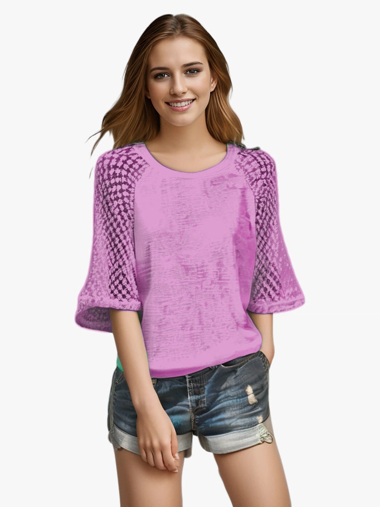 Women's Lace Patchwork Round Neck T-shirt Blouses