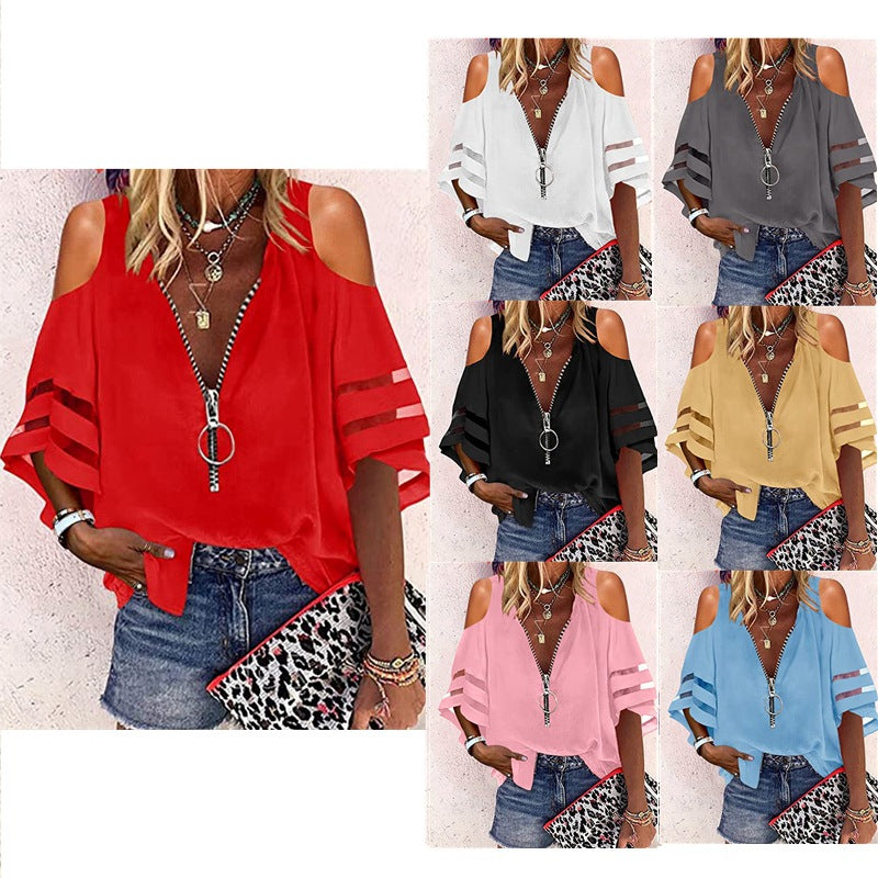 Women's Bell Sleeve Mesh Stitching Loose Casual Blouses