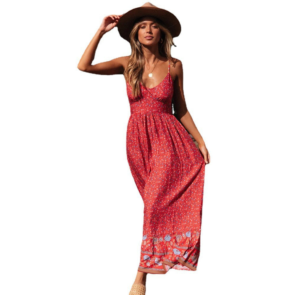 Damen Sommer Große Swing Bohemian Strap Floral Kleider