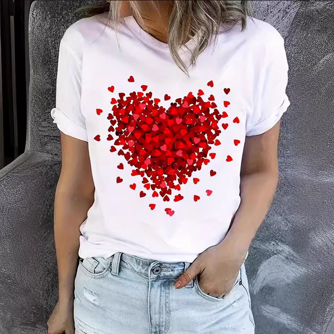 Women's Heart Printing Round Neck Cuff Sleeve Blouses