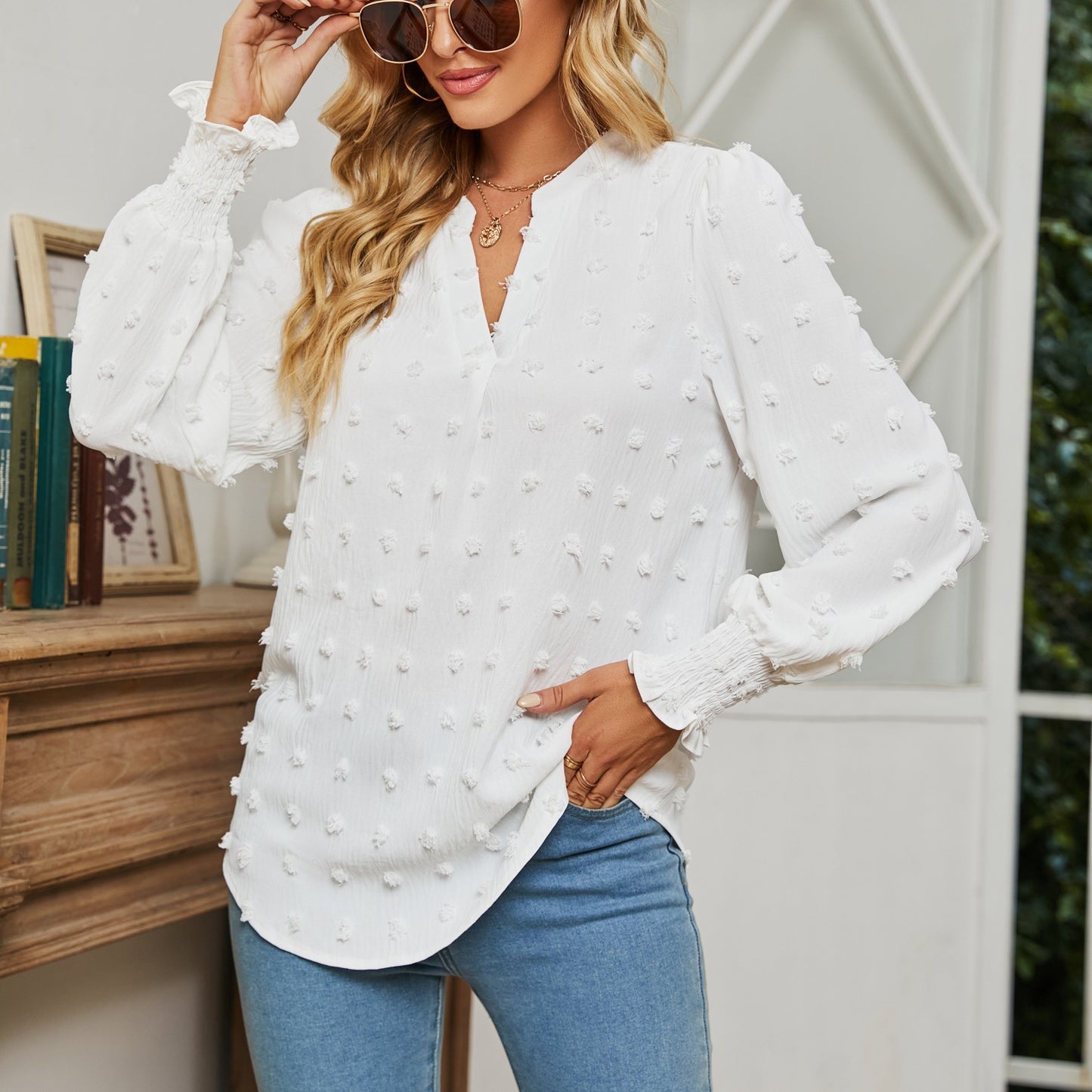 Women's Autumn Polka Dot Long-sleeved Bubble Sleeve Blouses