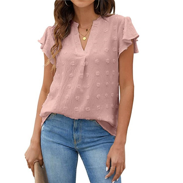 Women's Summer Pleating Ruffle Sleeve Fur Ball Blouses