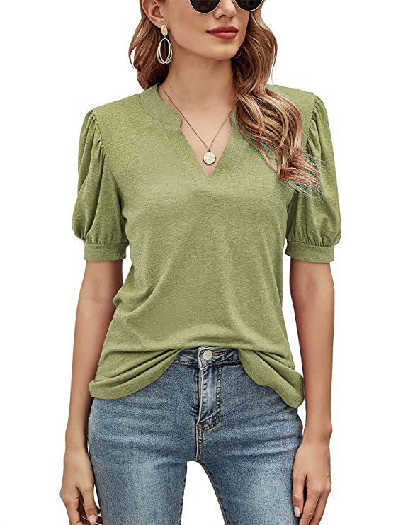 Women's Casual V-neck Solid Color Puff Sleeve Loose Tops