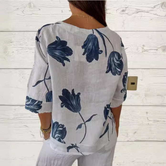 Printed Cotton Linen Short-sleeved Pullover Shirt Blouses