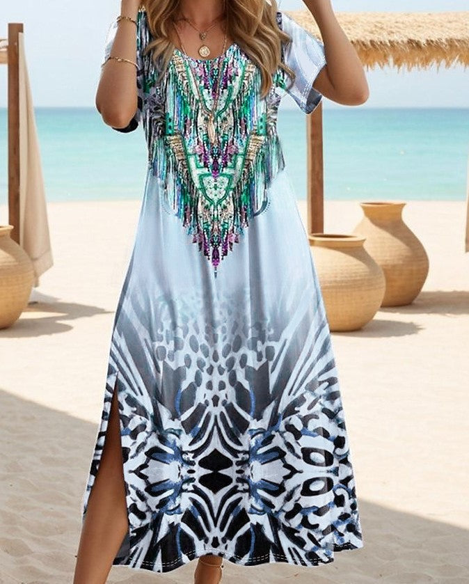 Summer Floral Print Slit Round Neck Dresses