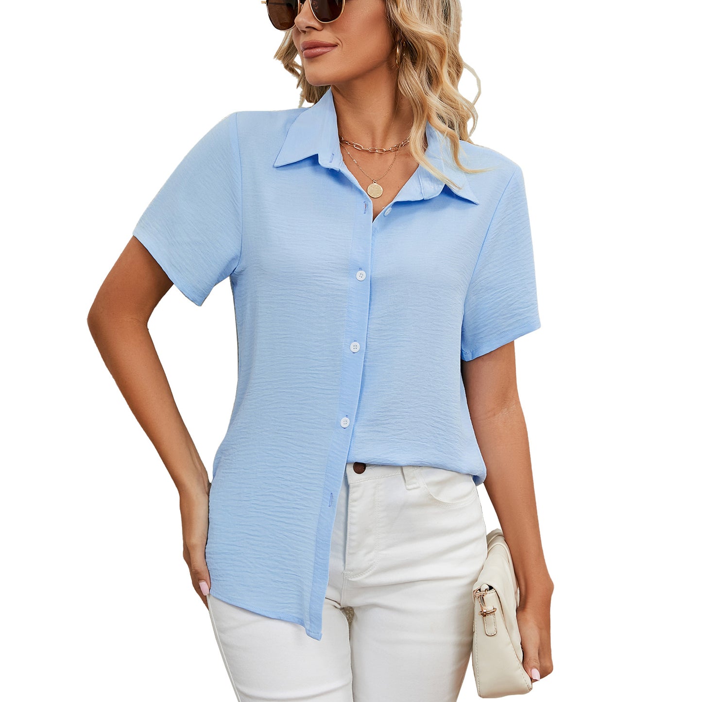 Women's Loose Sleeves Button V-neck Solid Color Blouses