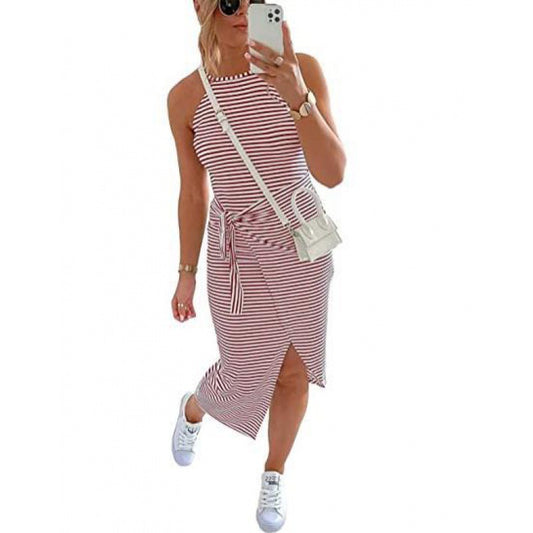 Summer Striped Sleeveless Halter Sexy Dress Dresses