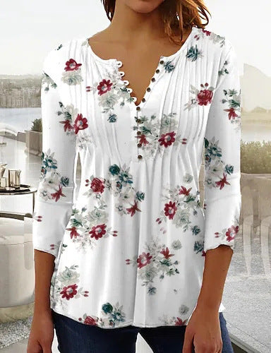 Women's Wear Floral Printed V-neck Sleeve Pleated Blouses