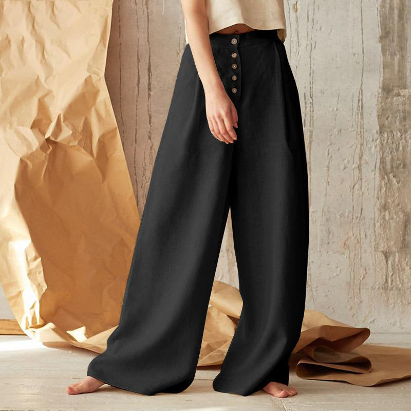 Women's Color High Waist Casual Button Cotton Pants