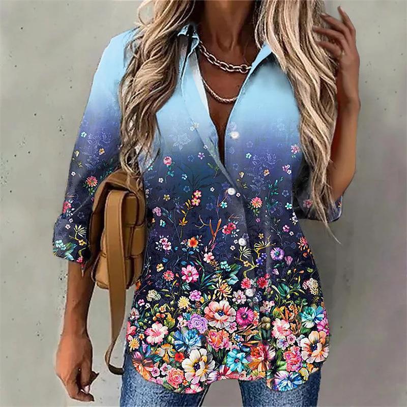 Spring Gradient Printing Button Long Sleeve Blouses