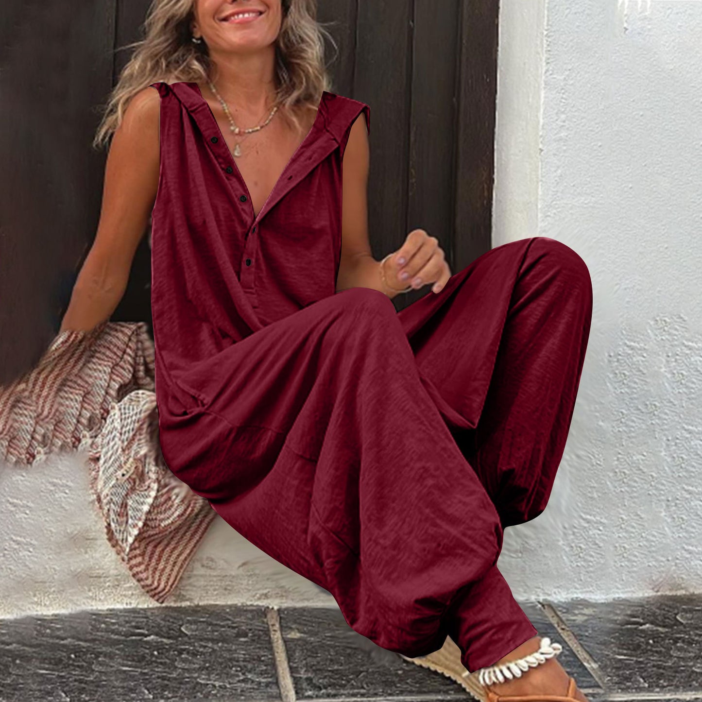 Damen Jumpsuit mit Knopfleiste, Kapuze, ärmellos, Baggy-Overall