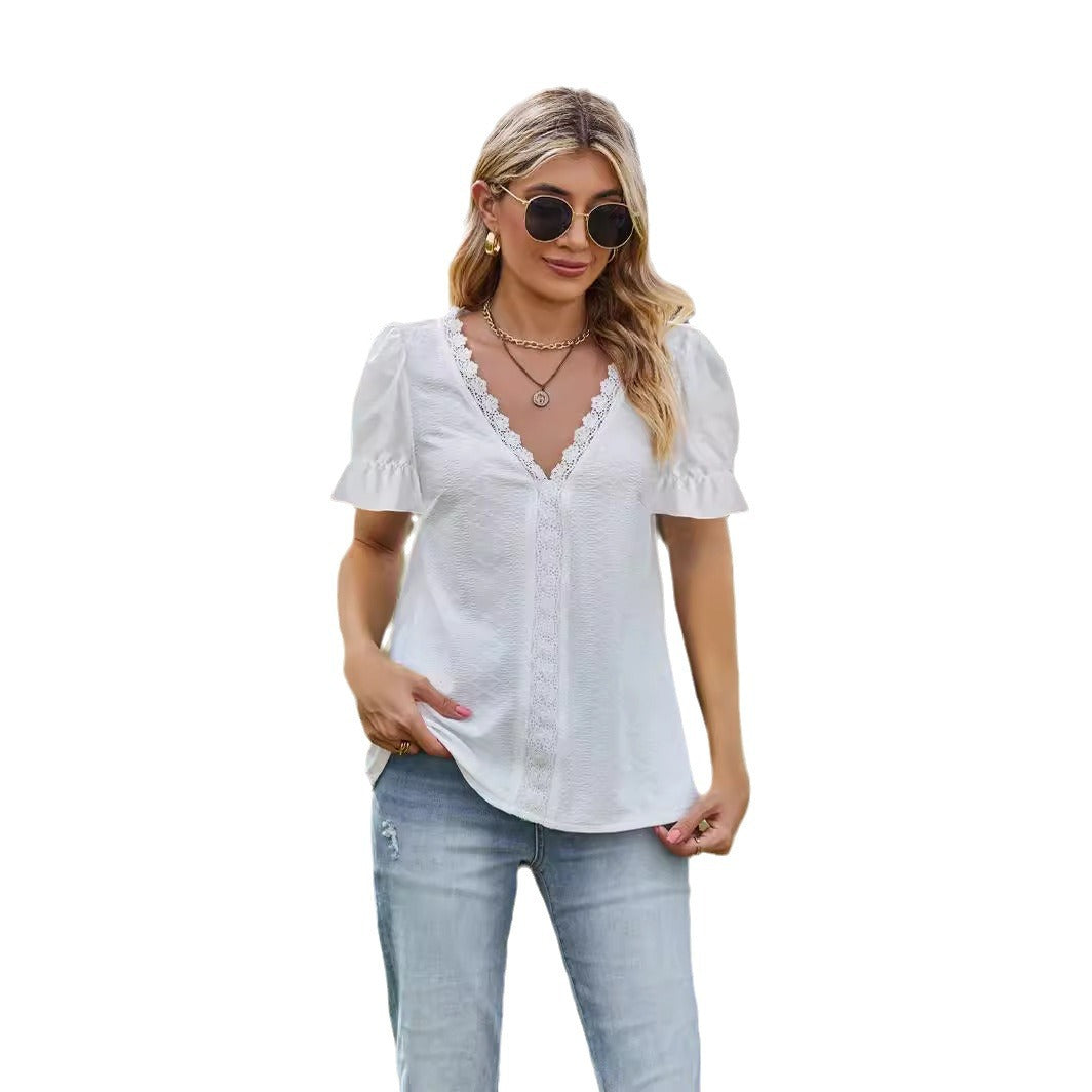 Summer Hot T-shirt Jacquard Lace Stitching Blouses