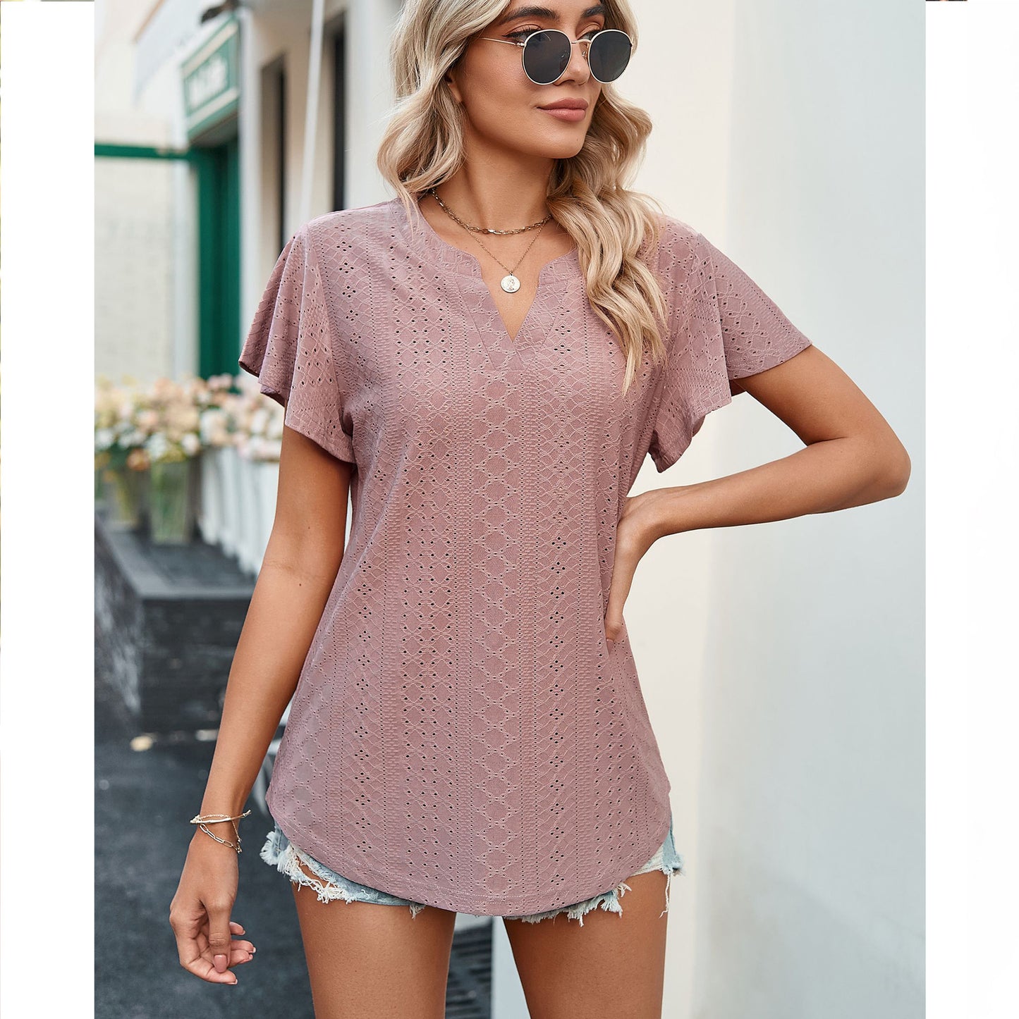 Women's Summer Ladies Solid Color Hollow Out Blouses