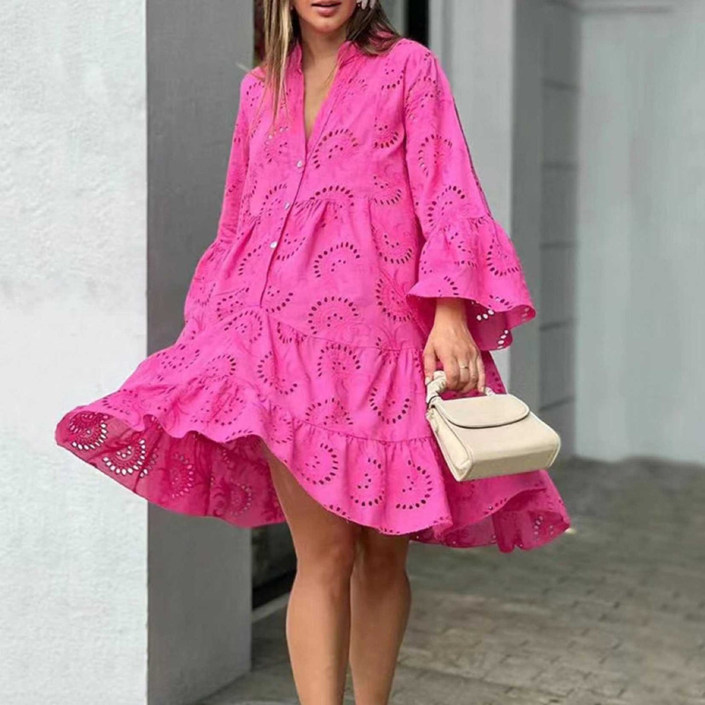 Solid Color Loose Embroidered Hollow Lace Dresses