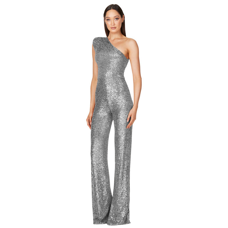 Attractive Women's Summer Sleeveless One-shoulder Sequined Jumpsuits