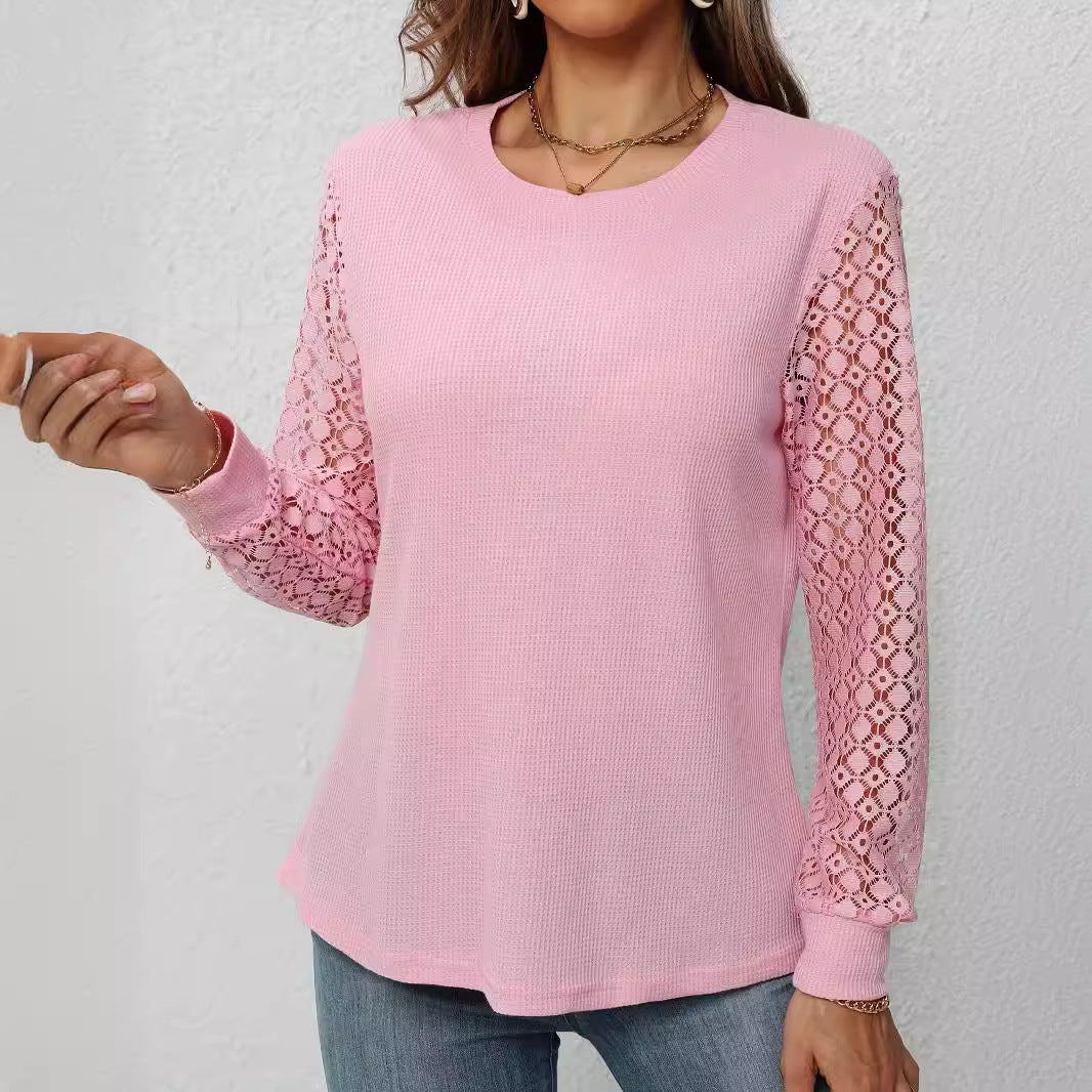 Women's Waffle Long Sleeve Crew Neck T-shirt Blouses