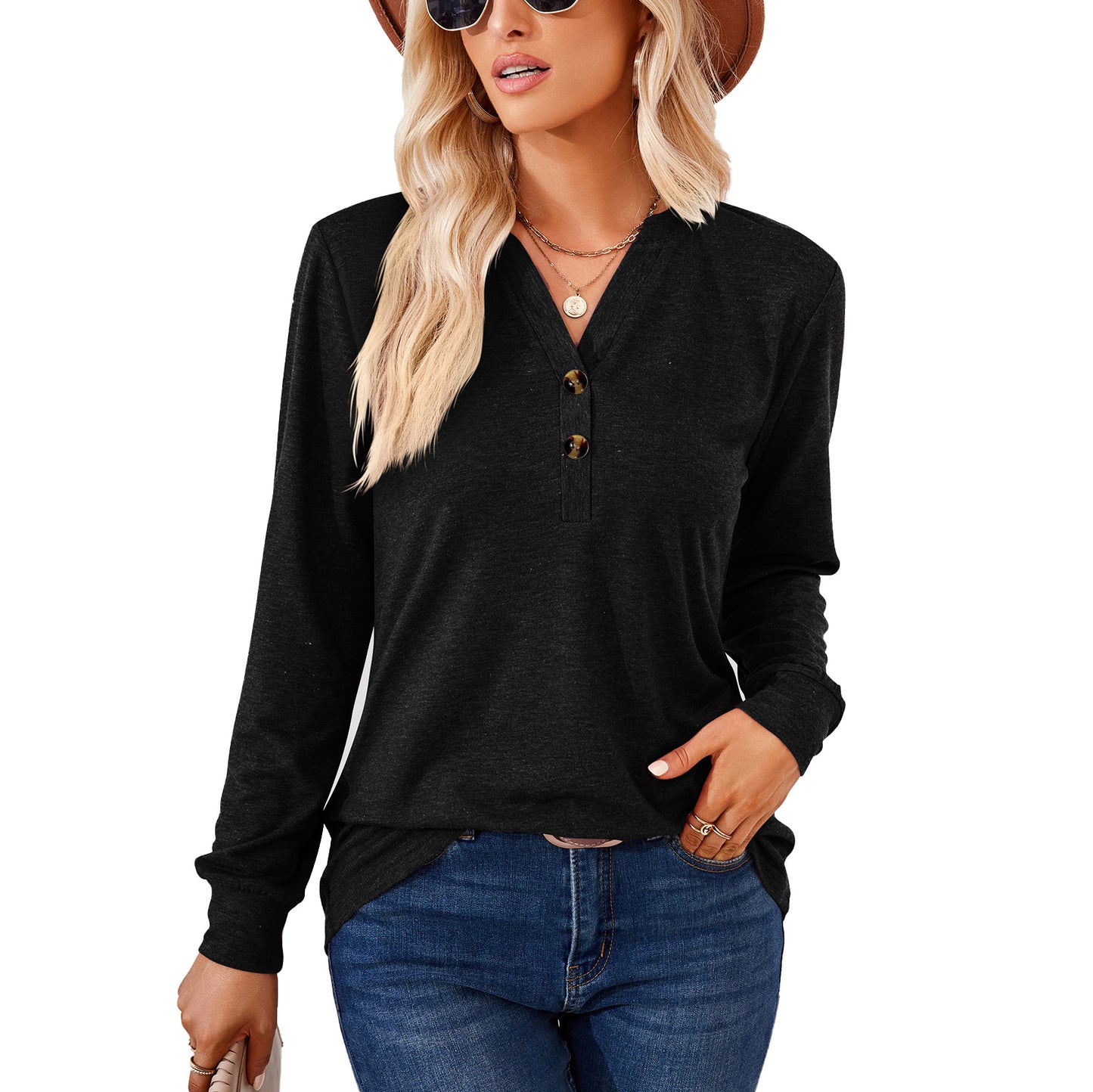 Women's Solid Color And Button Loose Long-sleeved Blouses