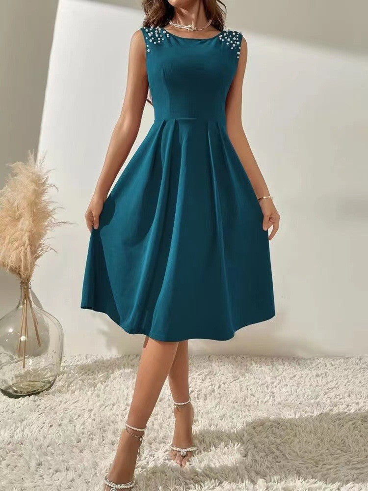 Women's Elegant Slim Fit Round Neck Bead Dresses