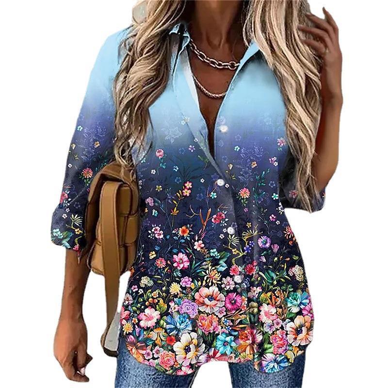 Spring Gradient Printing Button Long Sleeve Blouses