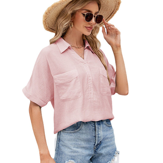 Women's Cotton Linen Shirt Sleeve Buckle With Blouses