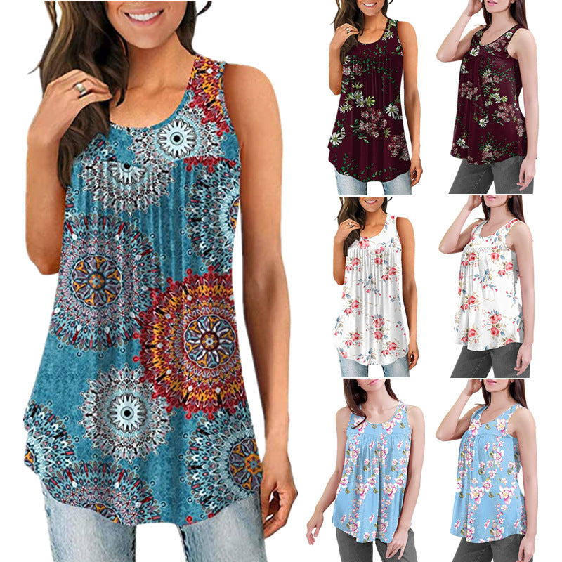 Women's Summer Printed Round Neck Pleated Sleeveless Blouses