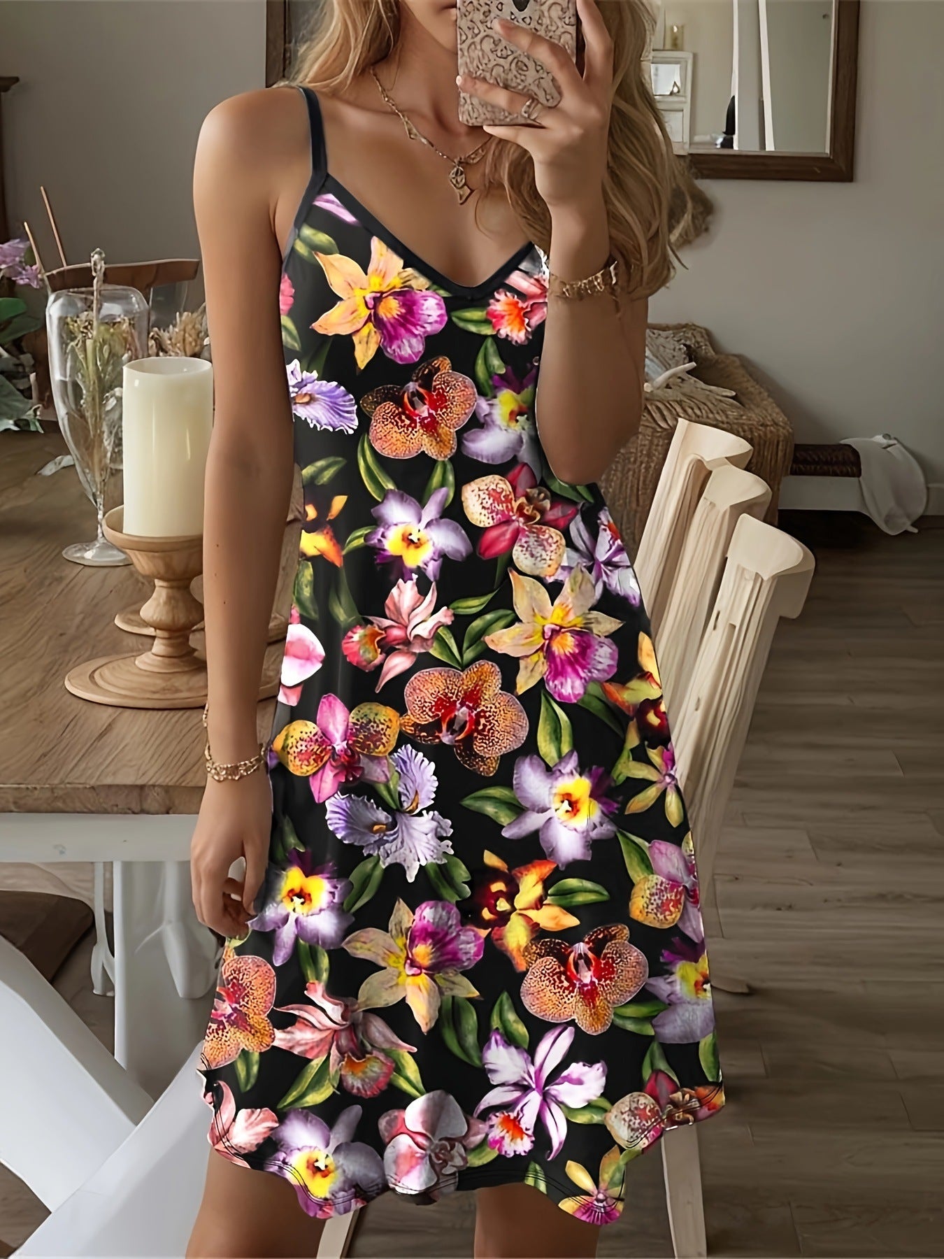 Fashion Flower Print Loose Sling Round Dresses