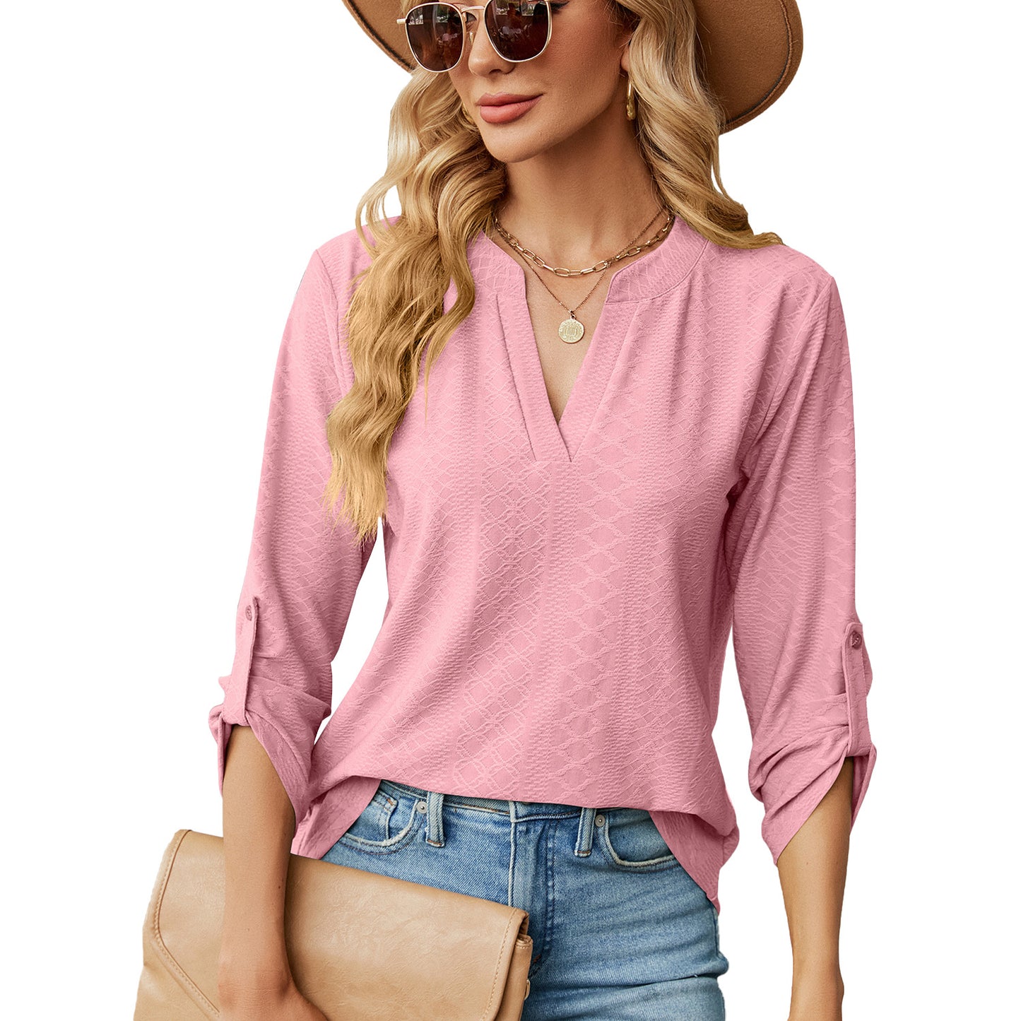 Women's Color And Three-quarter Sleeve Button Loose-fitting Blouses