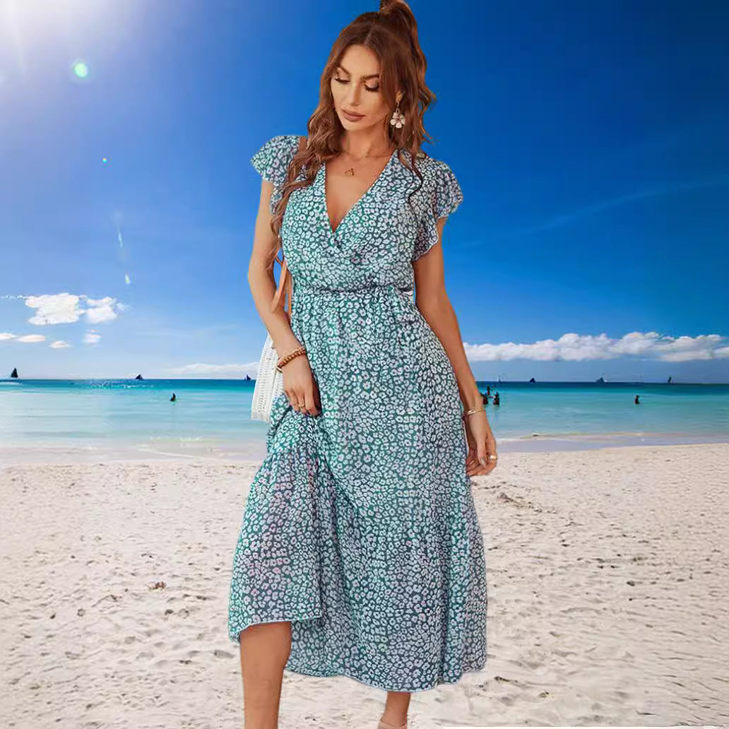 Floral Summer Dress Wrap Collar Sleeve Dresses