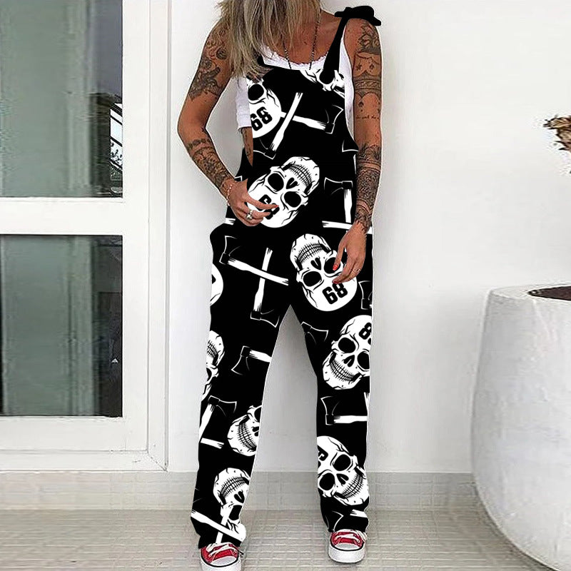 Damen Hosenträgerhose mit Schnürung und Totenkopf-Print